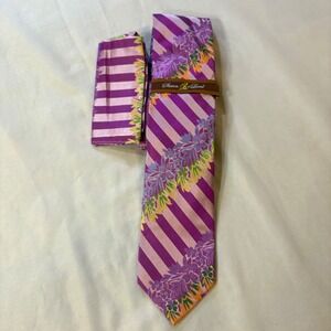 Steven Land Silk‎ Tie & Pocket Square Set Purple Floral Stripe New